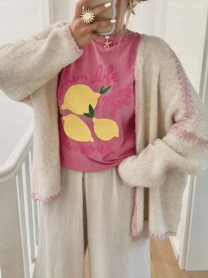 Cardigan Panna con Rifiniture Rosa