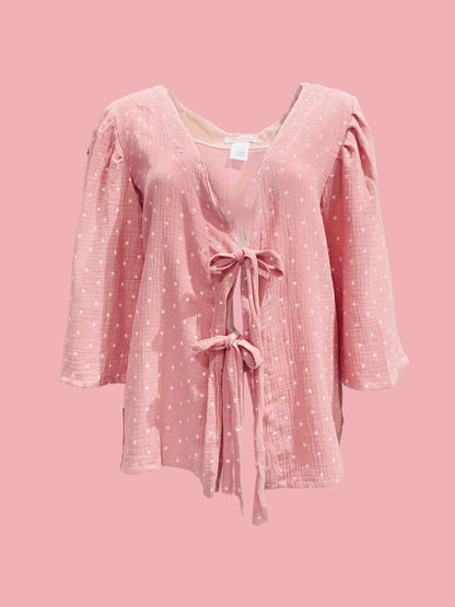 Ribes of LOVE Pink Vichy V-Neck Bow Shirt