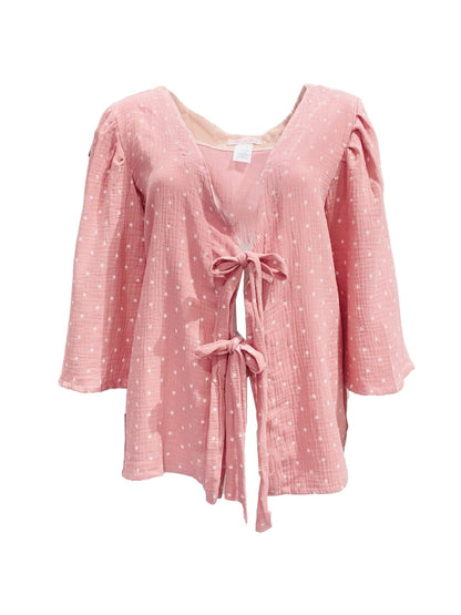 Ribes of LOVE Pink Vichy V-Neck Bow Shirt