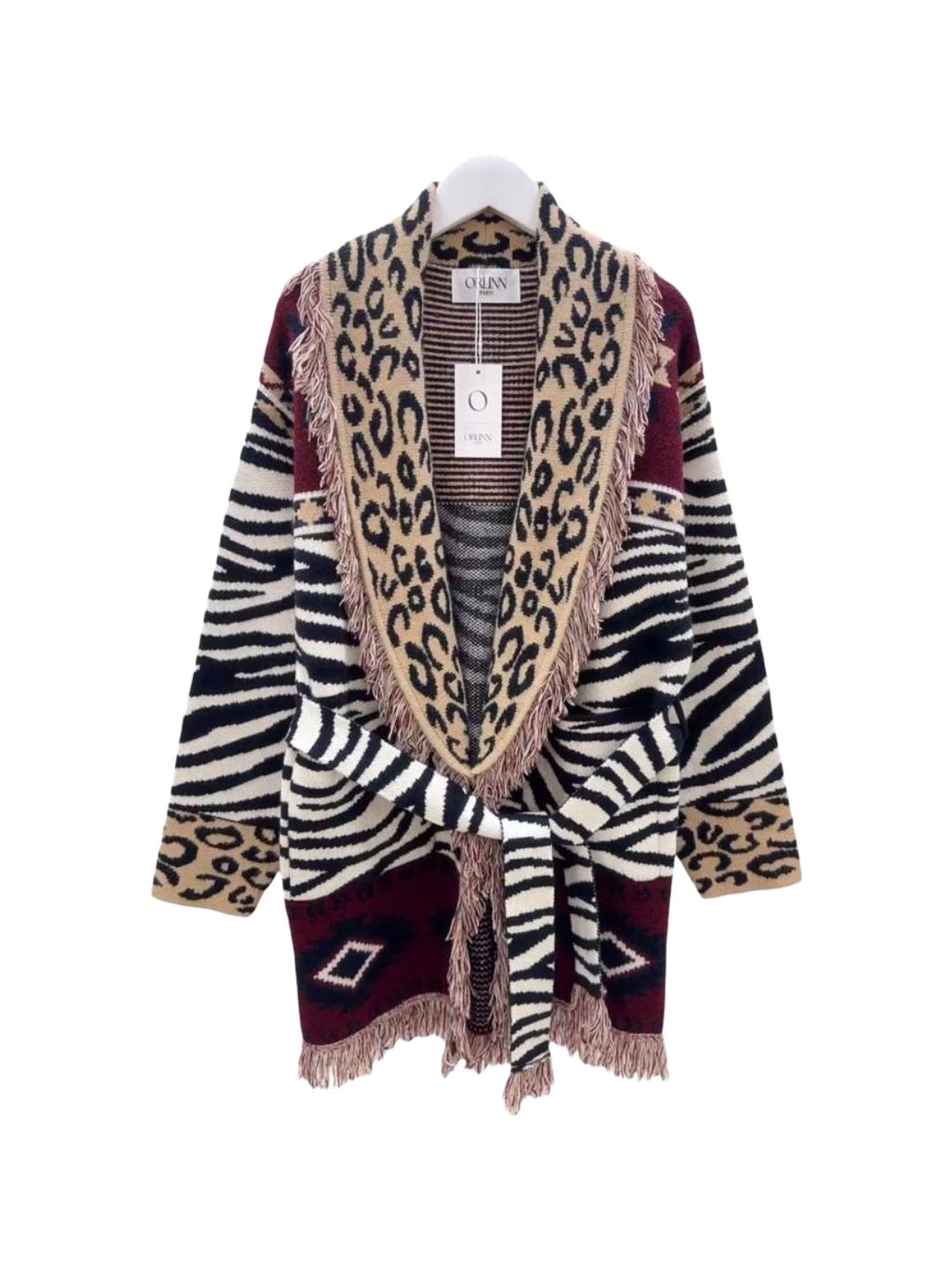 Aztec Cardigan with Fringes in Cream, Burgundy, and Black 357