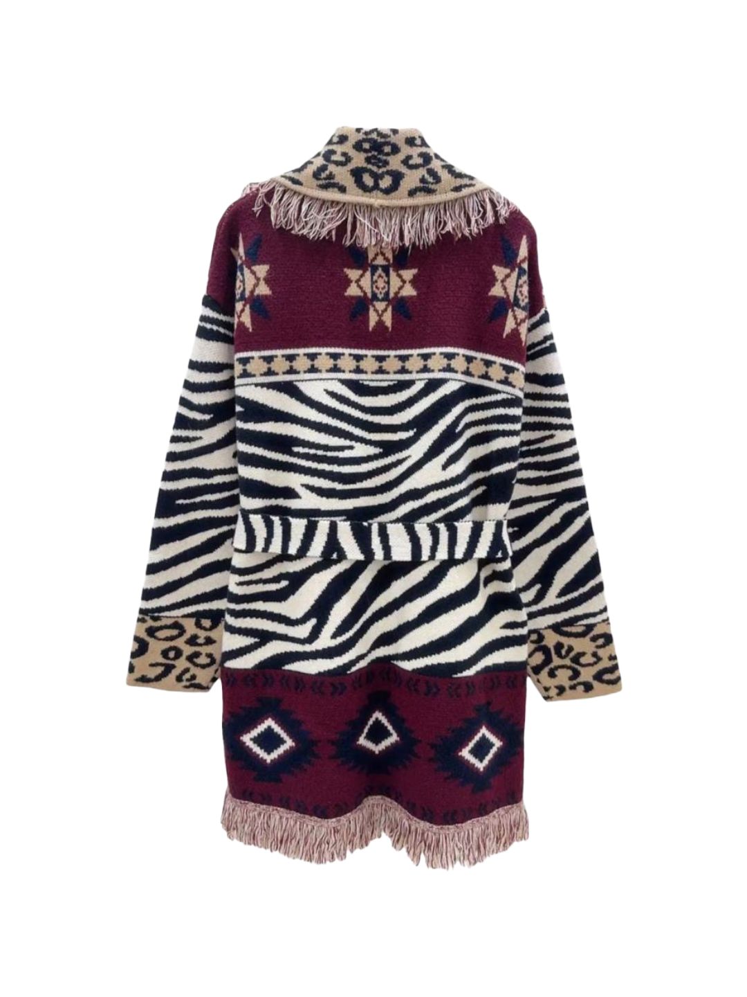 Aztec Cardigan with Fringes in Cream, Burgundy, and Black 357