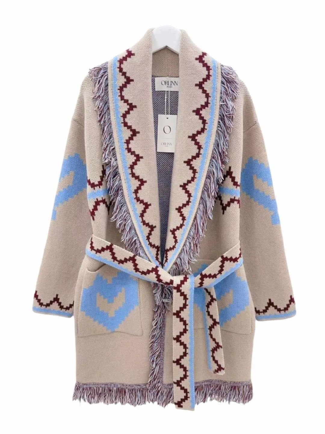 Cardigan Azteco con Frange Beije Azzurro e Bordeaux 381