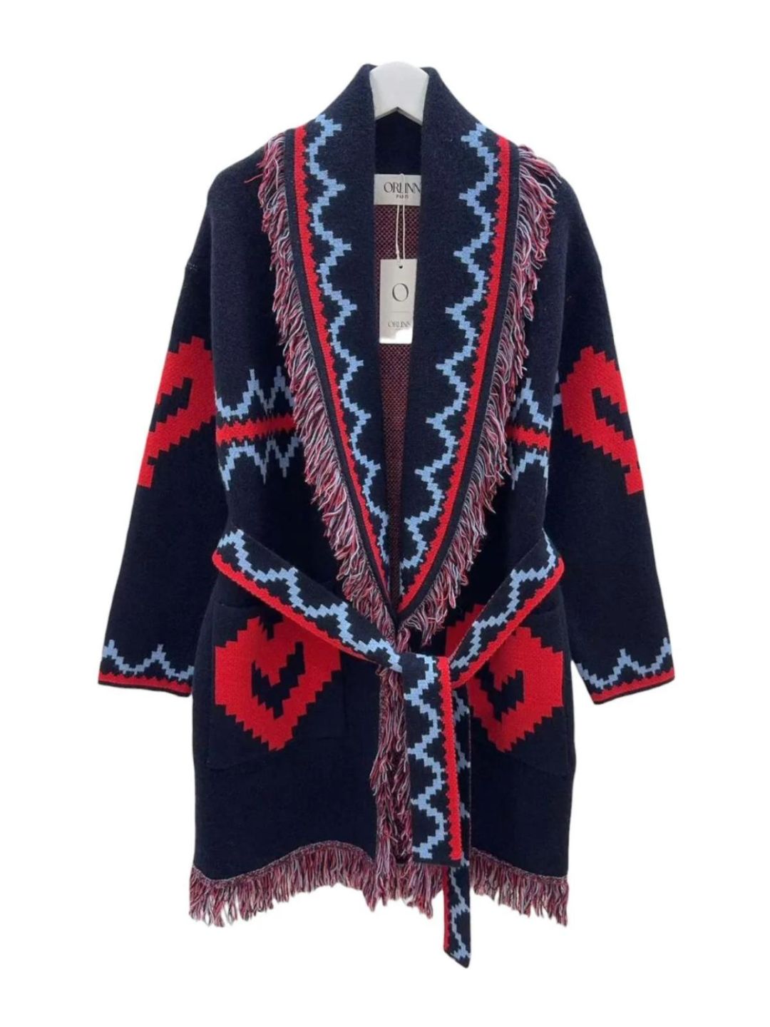 Aztec Cardigan with Fringes in Cream, Burgundy, and Black 357