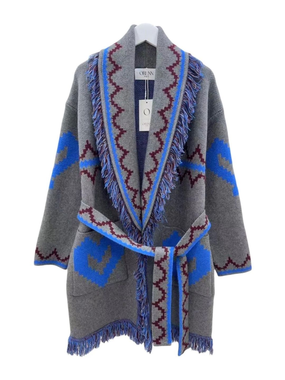 Cardigan Azteco con Frange Grigio Blu Royal e Bordeaux 381