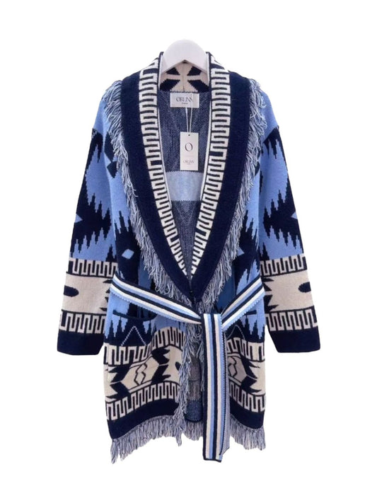 Cardigan Azteco con Frange Azzurro Panna e Blu Notte  357