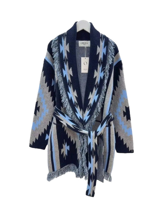 Cardigan Azteco con Frange Blu Notte Azzurro e Grigio 358