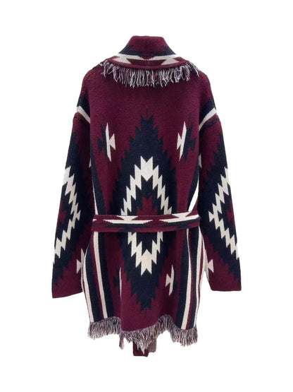Cardigan Azteco con Frange Borgogna Nero e Panna 358
