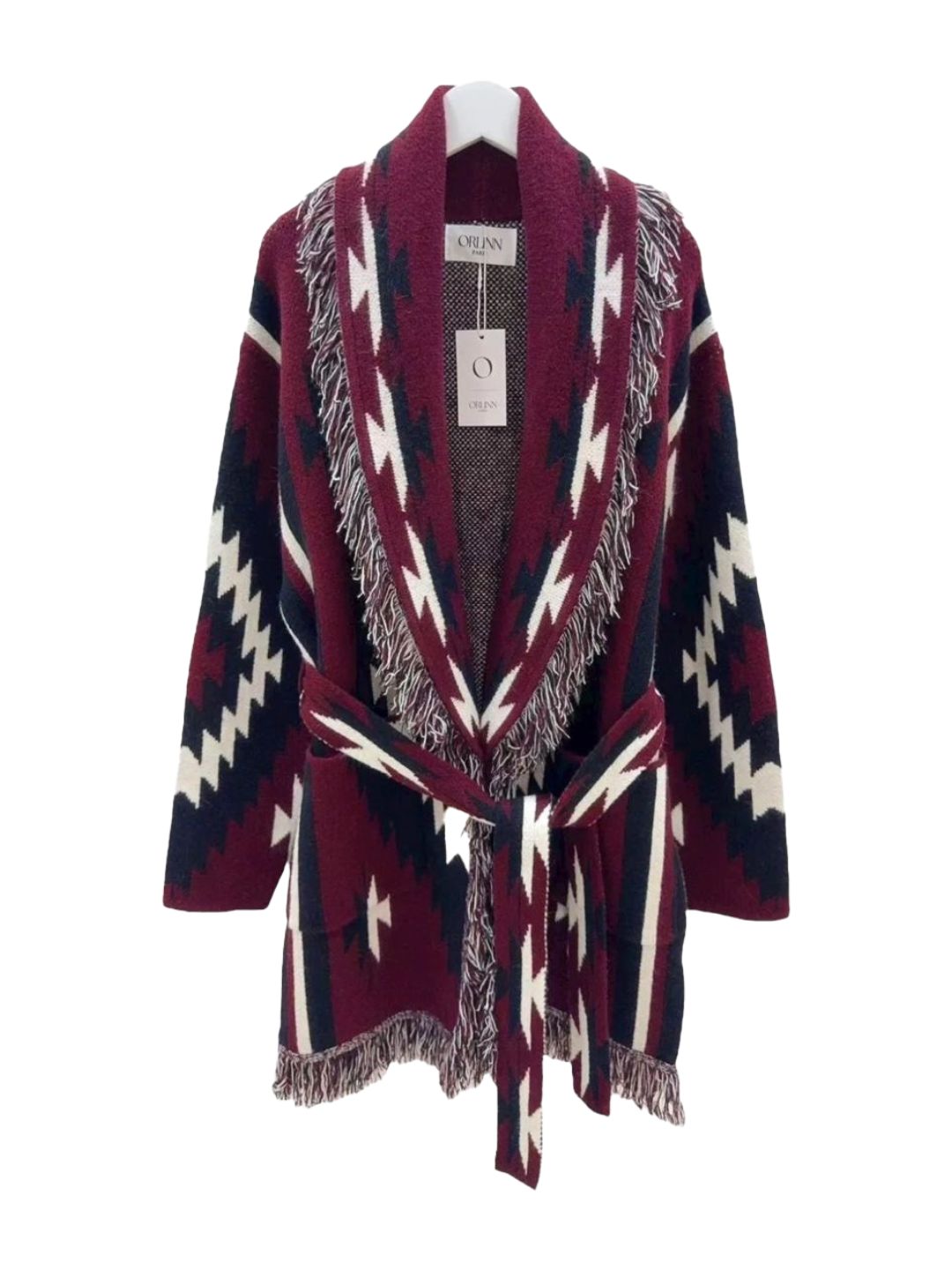 Cardigan Azteco con Frange Borgogna Nero e Panna 358