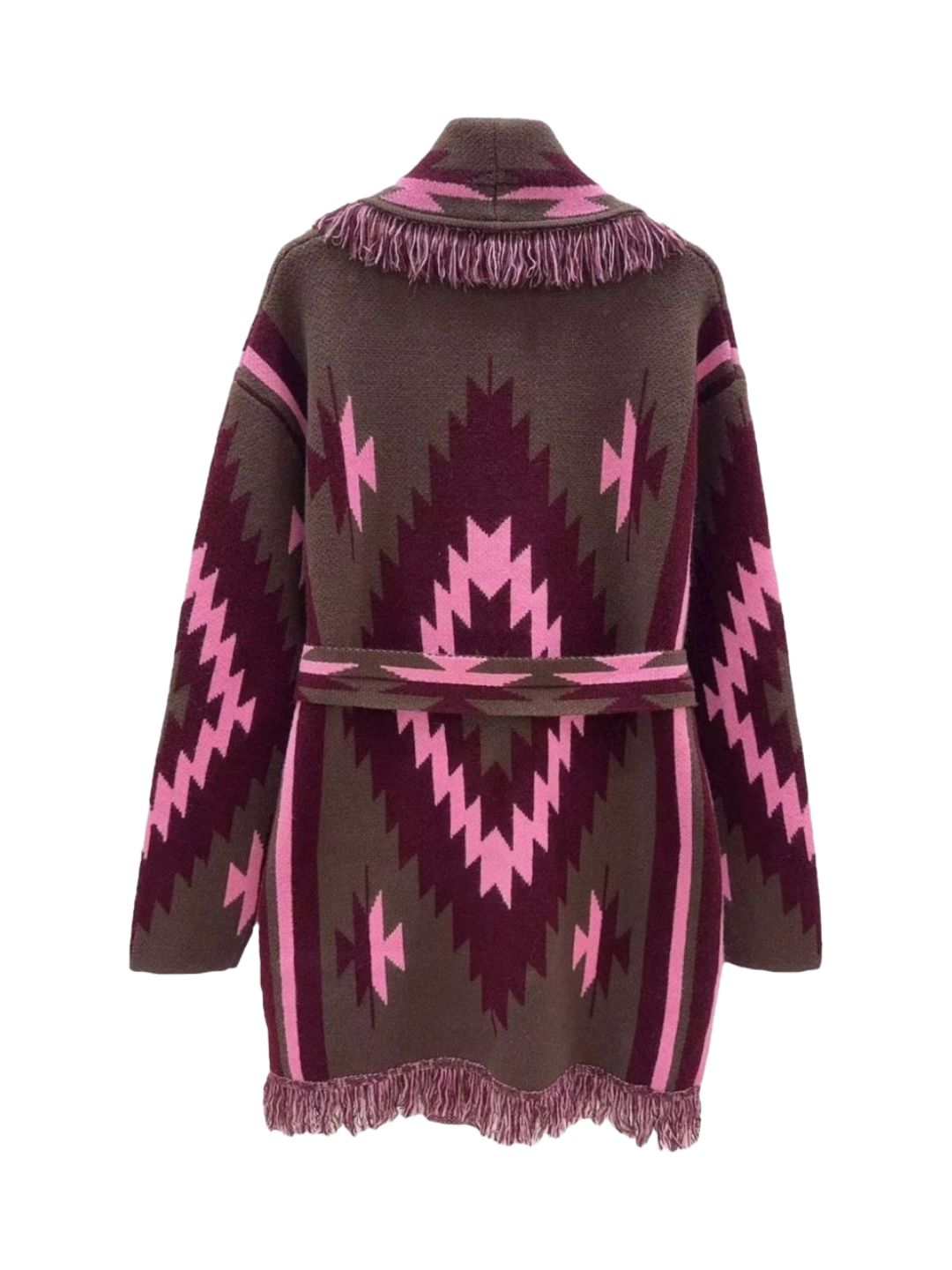 Cardigan Azteco con Frange Cioccolato Rosa e Borgogna 358