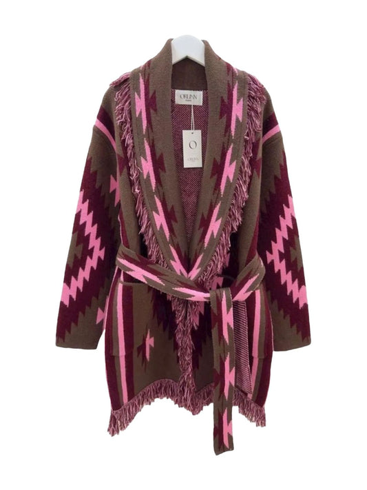 Cardigan Azteco con Frange Cioccolato Rosa e Borgogna 358