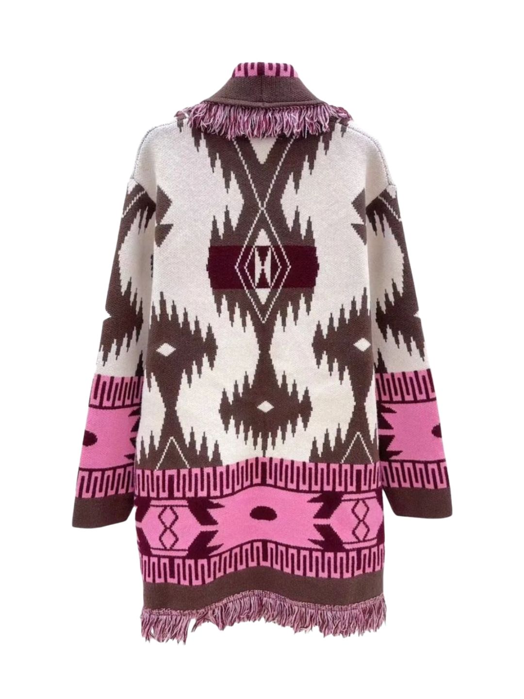 Cardigan Azteco con Frange Panna Cioccolato e Rosa 357