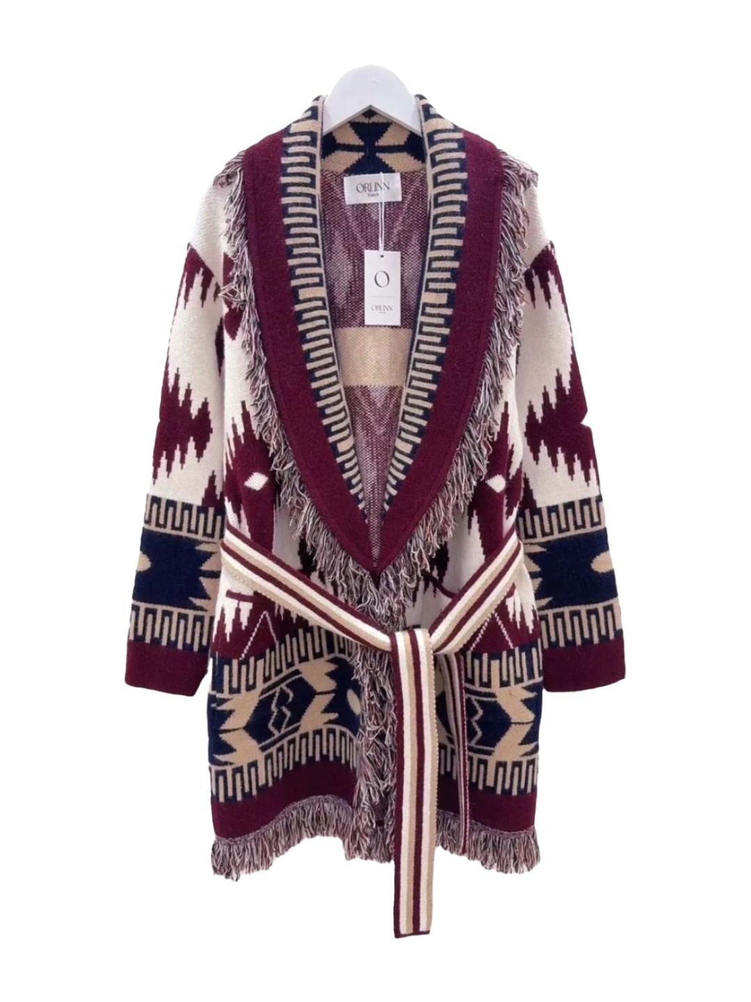 Cardigan Azteco con Frange Panna Borgogna e Nero 357