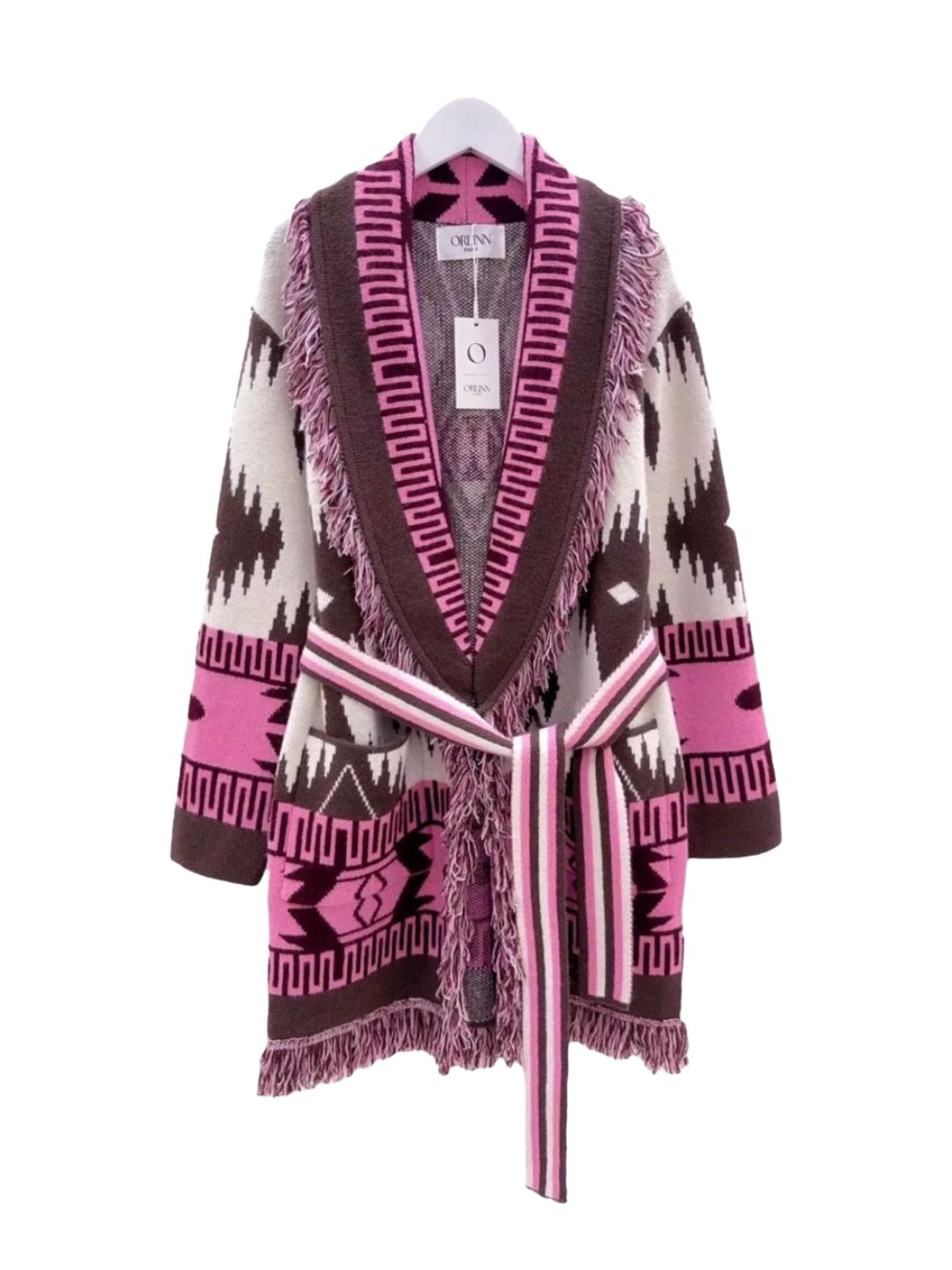 Cardigan Azteco con Frange Panna Cioccolato e Rosa 357