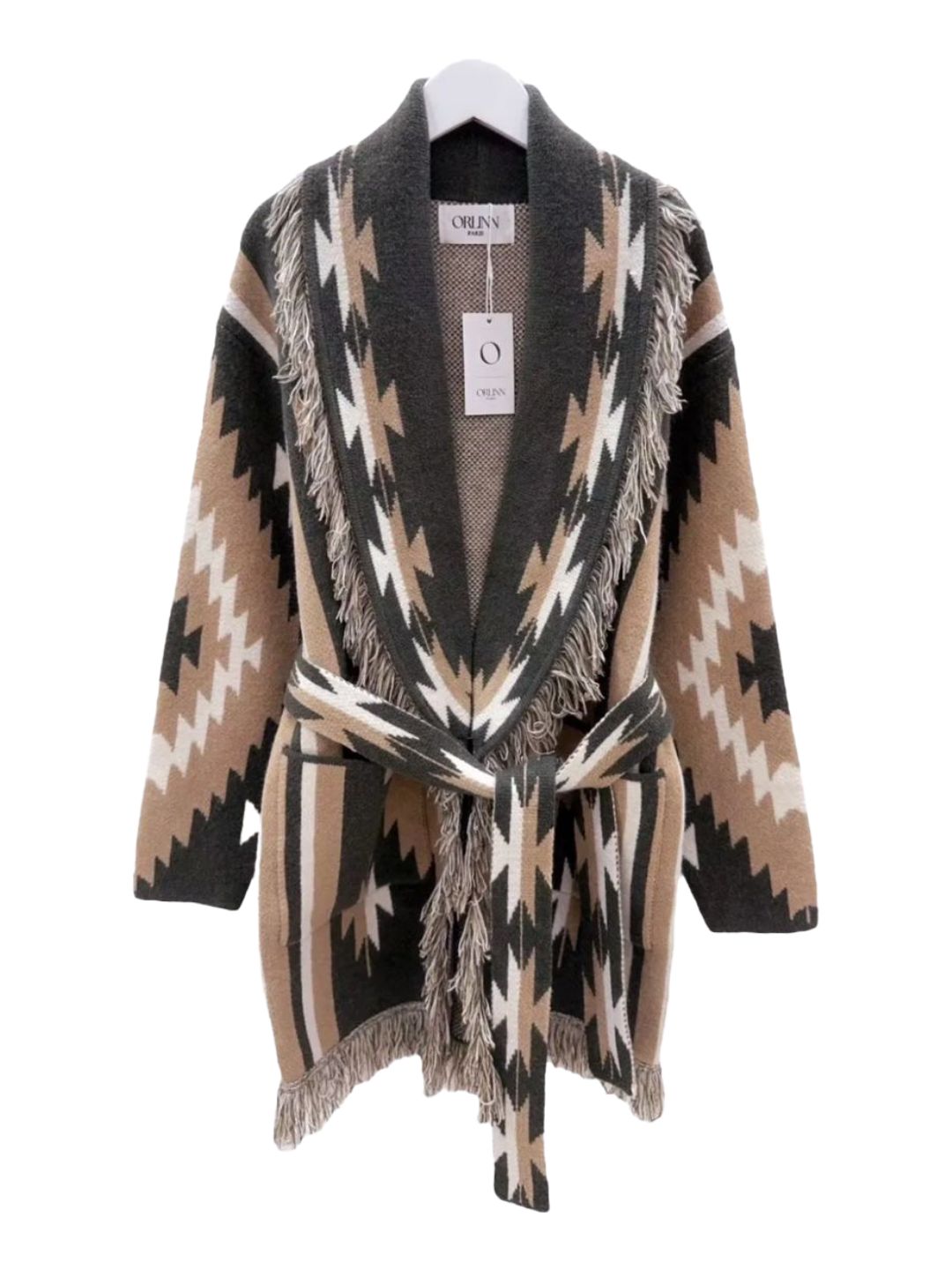 Cardigan Azteco con Frange Verde Beije e Panna 358