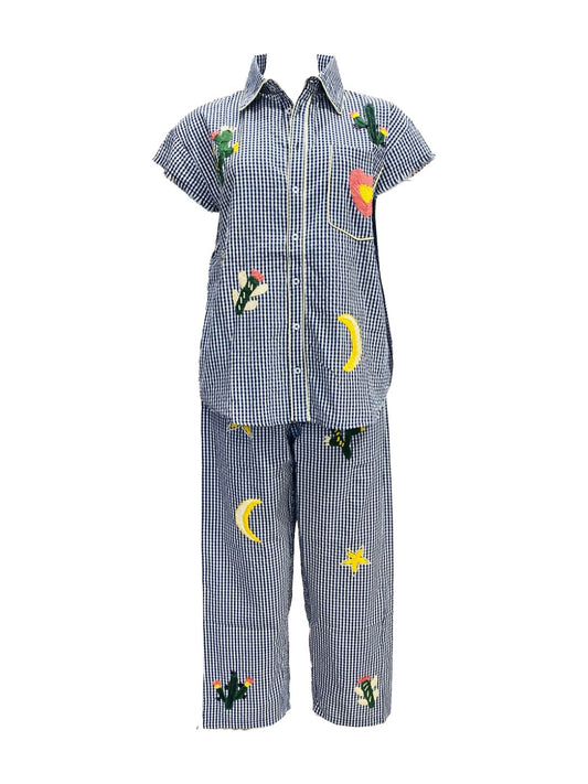 Completo Camicia & Pantalone Vichy Blu con Ricami