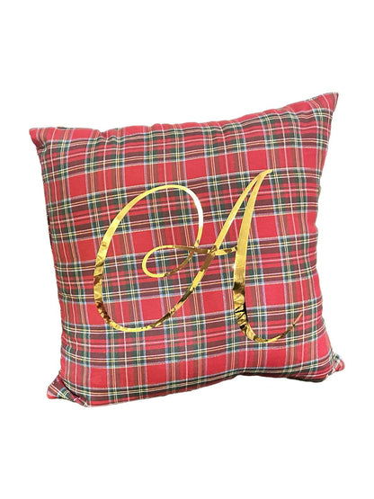 Copri cuscino in tartan scozzese rosso con iniziale oro ✨