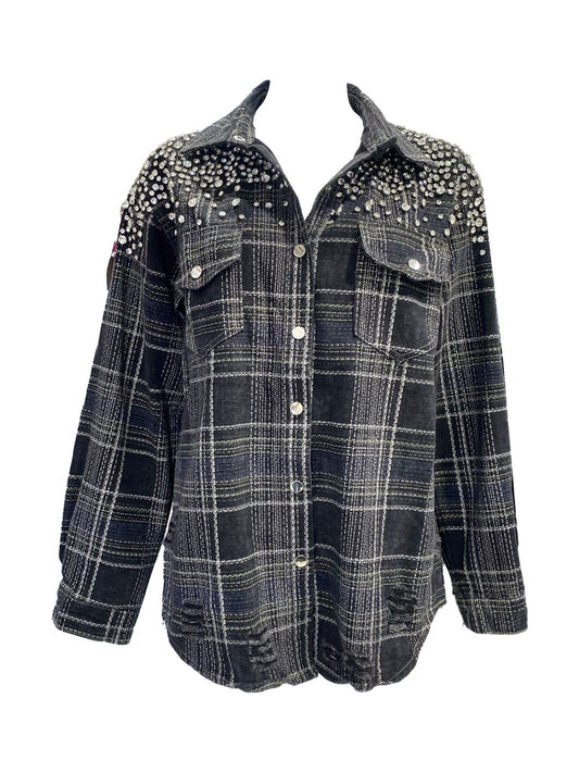 Giacca-Camicia in Denim Nera con Strass 0773