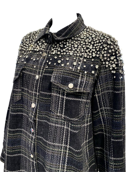 Giacca-Camicia in Denim Nera con Strass 0773