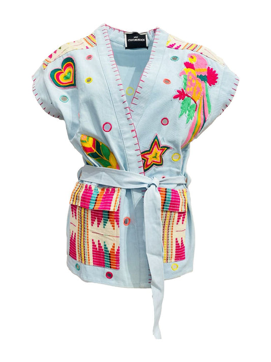 Giacca Kimono in Jeans Azzurra Ricamata – Stile Boho Chic