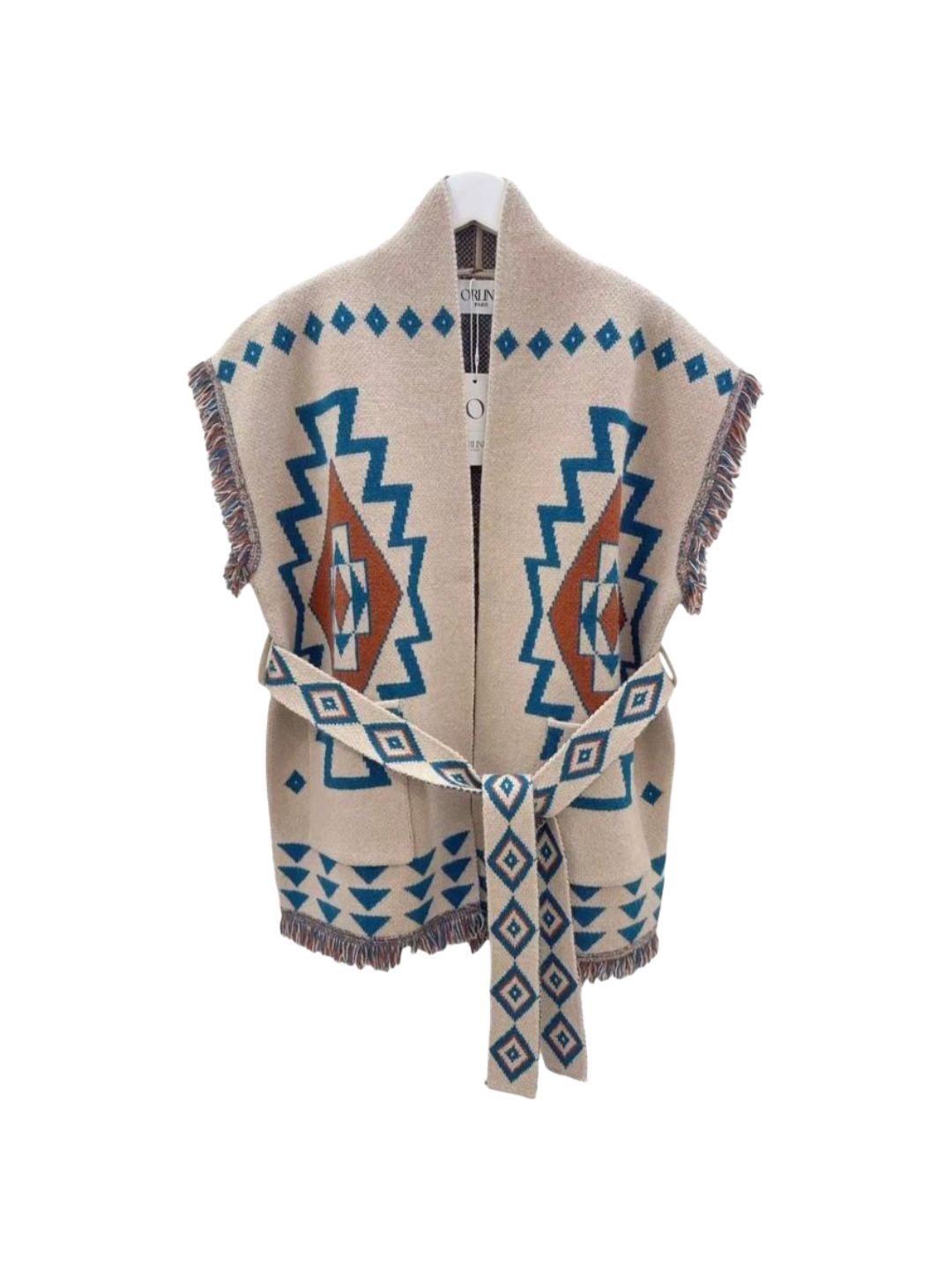 Gilet Fantasia Azteco con Frange-Beije Petrolio e Nocciola 506