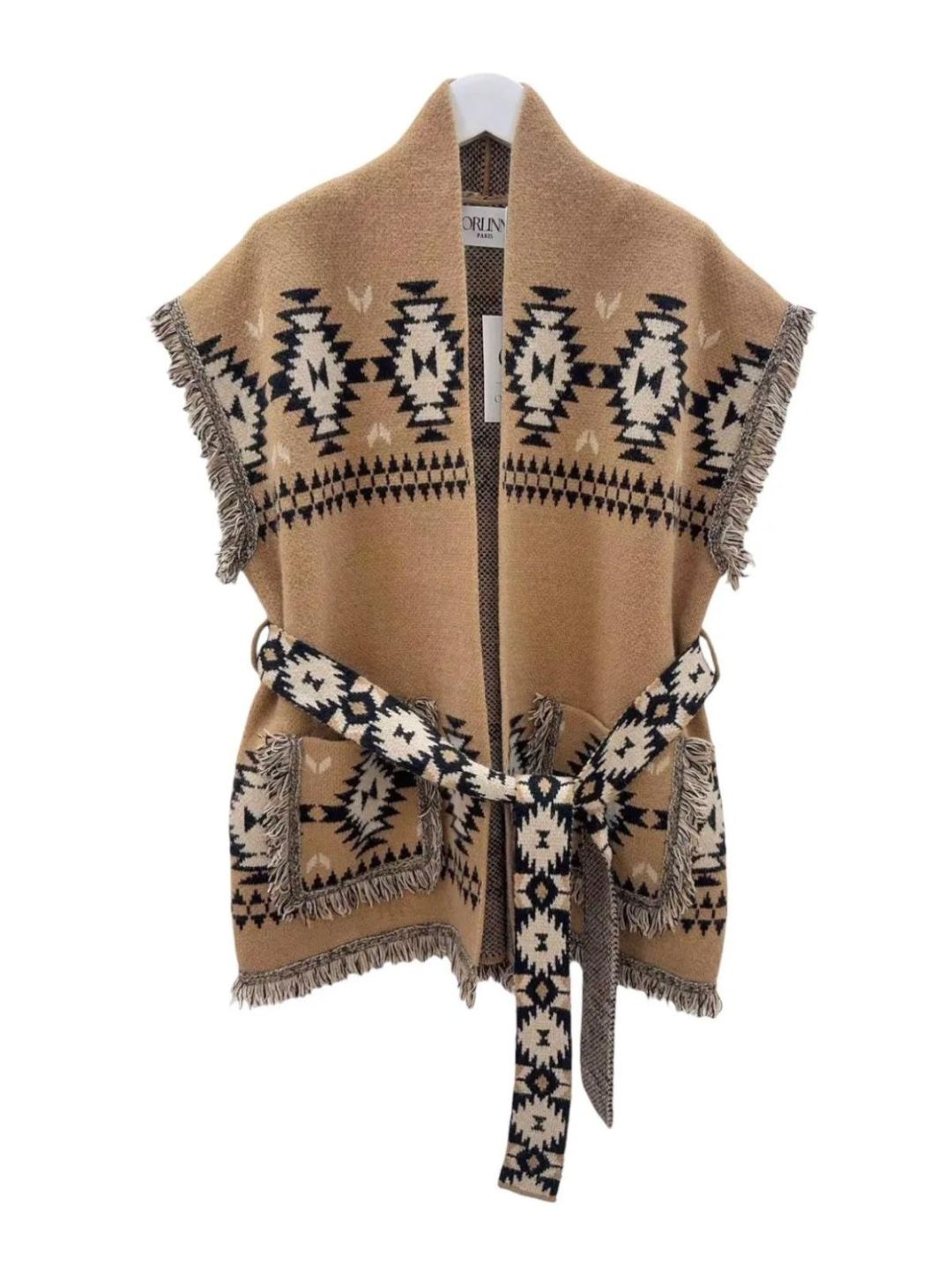 Gilet Fantasia Azteco con Frange-Nocciola Nero e Beije 523