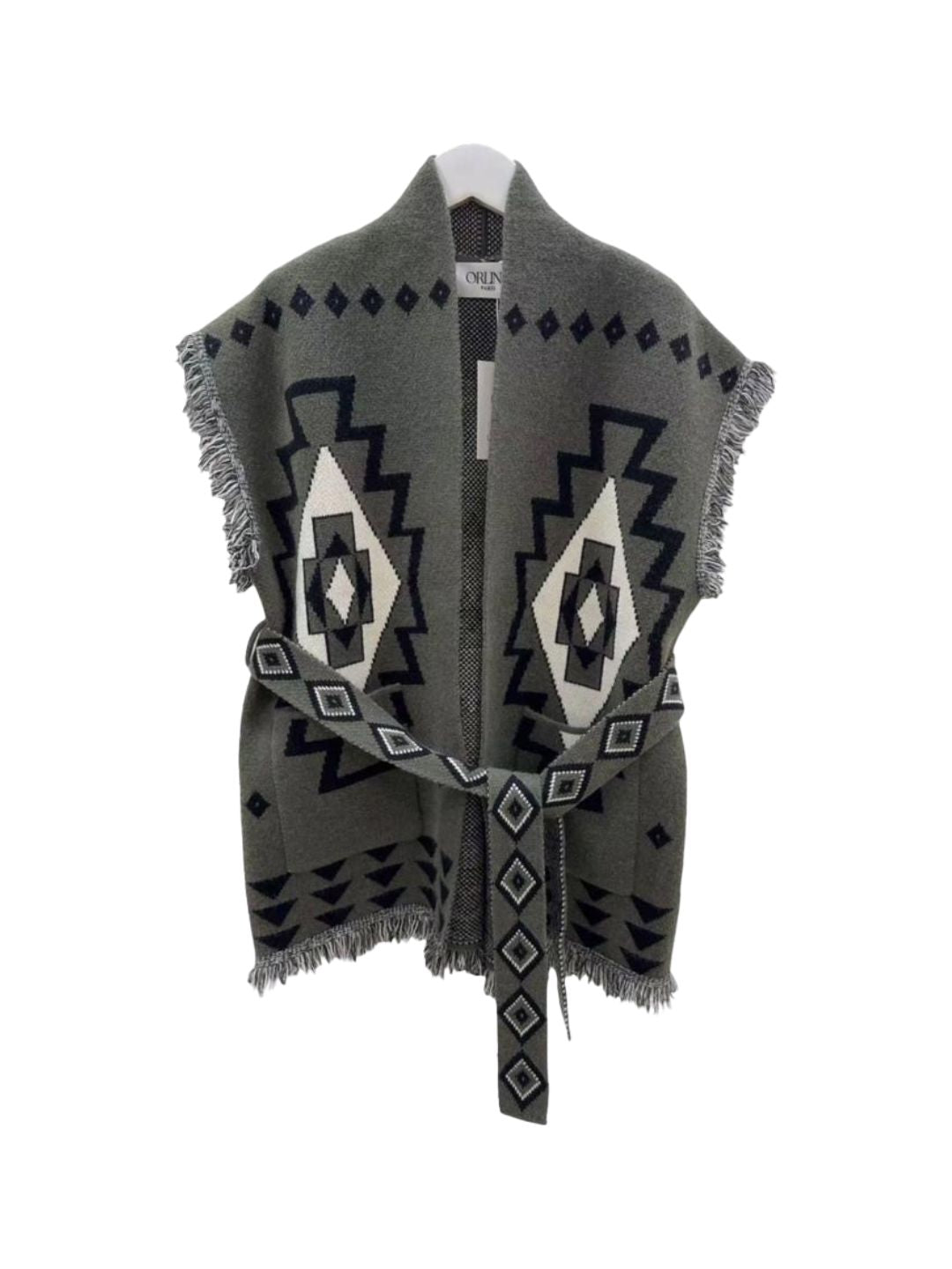 Gilet Fantasia Azteco con Frange-Verde Militare Nero e Panna 506
