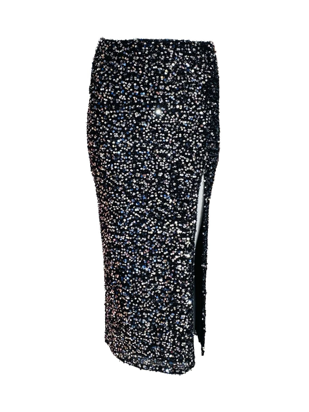 Gonna Lunga Base Nera Pailettes Argento