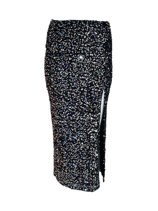 Gonna Lunga Base Nera Pailettes Argento