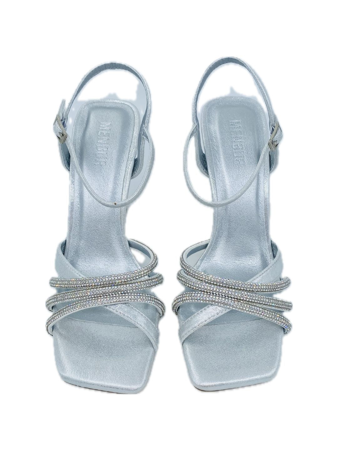 SILVER 25668 CROSSED BAND METAL AND RHINESTONE SANDAL