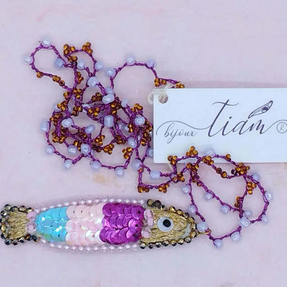 Collana Sardina multicolore ricamata a mano con paillettes 060626-4
