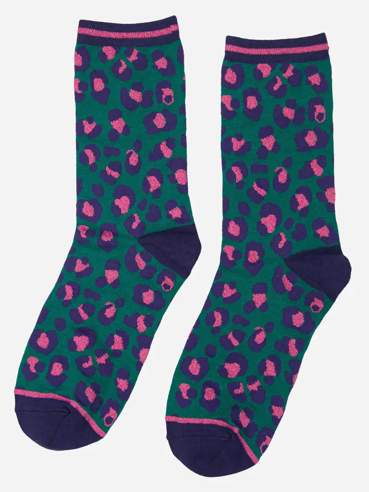 CALZINI IN BAMBÙ con stampa leopardata Verde e Rosa 4449LEOPGR