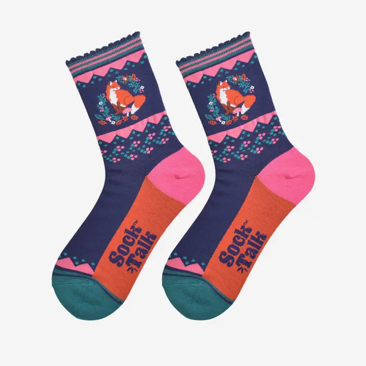 CALZINI IN BAMBÙ corona Floreale con volpe blu navy e rosa 4504FOWRNB