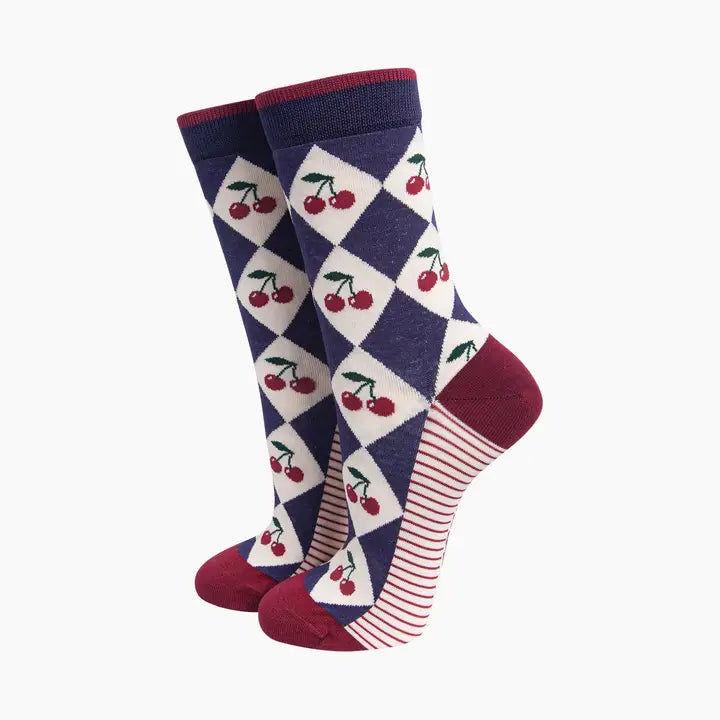 CALZINI IN BAMBÙ Cherry Argyle Blu Navy e Crema 4619ACHERNB