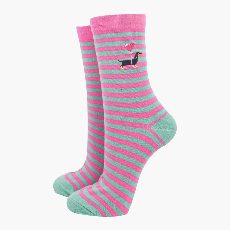 CALZINI IN BAMBÙ Ricamati Rosa, a righe con bassotto 4535DASTPI