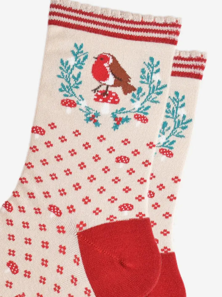 CALZINI IN BAMBÙ Crema e Rosso con ghirlanda natalizia e pettirosso 4503ROWRCR