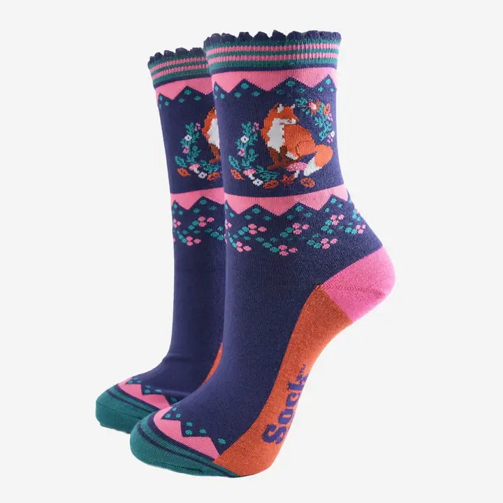 CALZINI IN BAMBÙ corona Floreale con volpe blu navy e rosa 4504FOWRNB