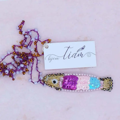 Collana Sardina multicolore ricamata a mano con paillettes 060626-4