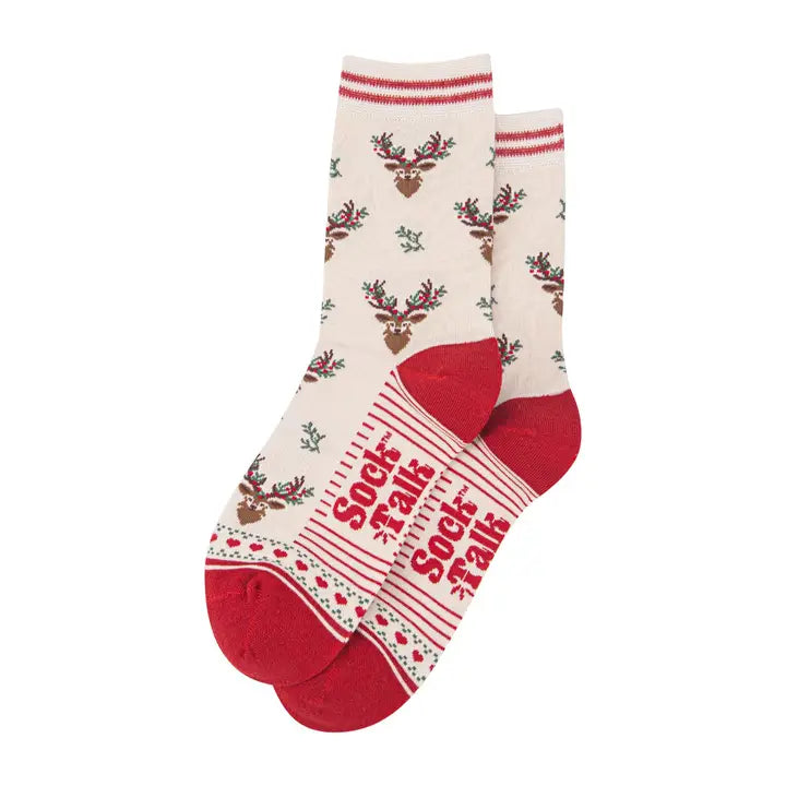 CALZINI IN BAMBÙ Crema e Rosso, Renna floreale 4447STAGCR