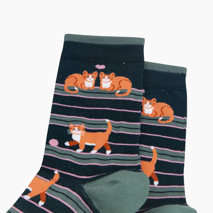 CALZINI IN BAMBÙ Verde Scuro Righe con Gatto 4614TCATFG