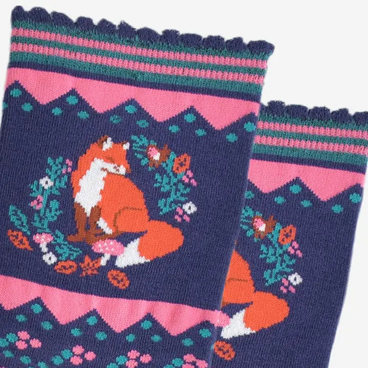 CALZINI IN BAMBÙ corona Floreale con volpe blu navy e rosa 4504FOWRNB